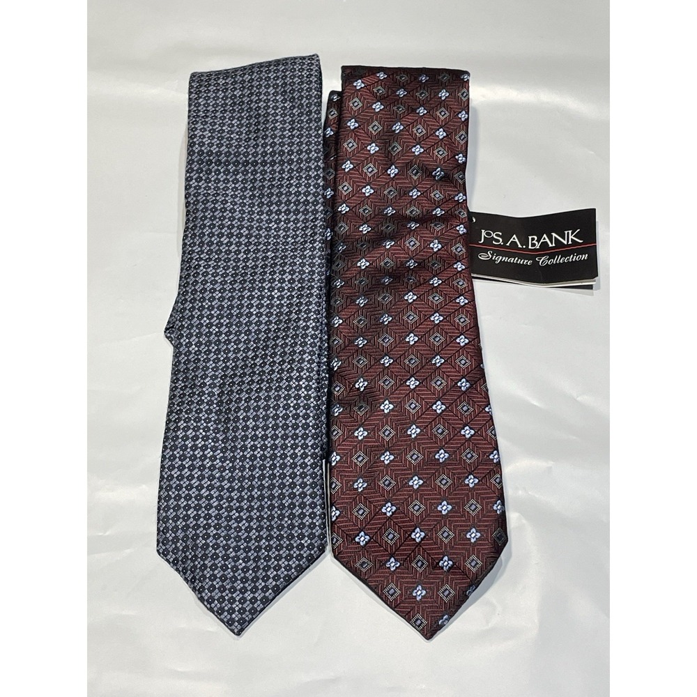 Lot of 2 Jos. A. Bank Signature Collection Silk Ties - Burgundy & Blue Geometric